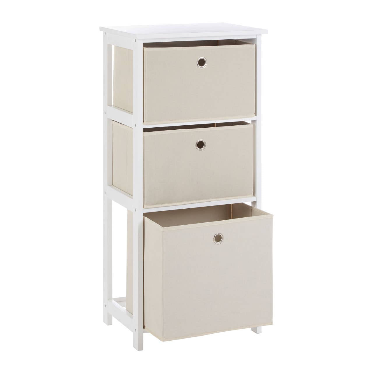 Tall cabinet with three natural fabric drawers in a light beige color, set on a white wooden frame. Each drawer features a round knob for easy opening. The cabinet has a modern design, suitable for home organization