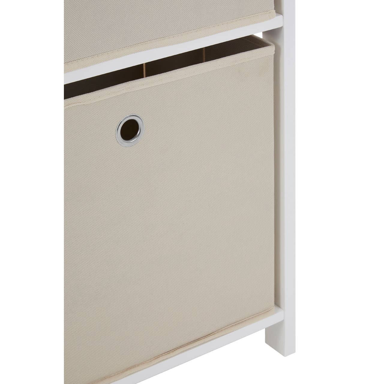 Three natural fabric drawers in a white cabinet frame, featuring a single visible drawer with a round black knob. The cabinet has a clean, modern design suitable for home decor