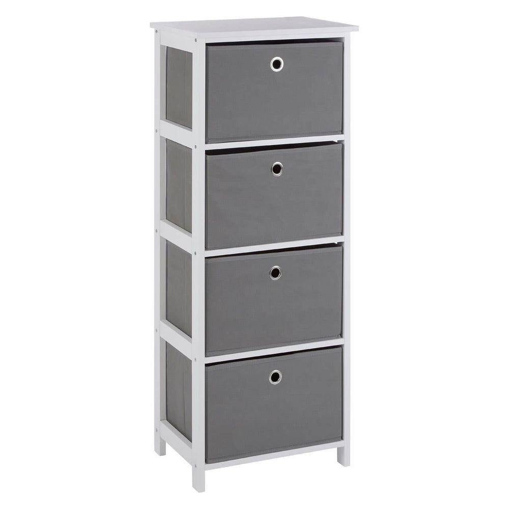 Tall cabinet with four grey fabric drawers, each featuring a round handle, set on a white frame. The cabinet has a flat top surface and is designed for storage, suitable for various home decor styles