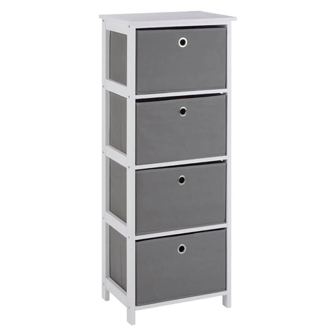 Tall cabinet with four grey fabric drawers, each featuring a round handle, set on a white frame. The cabinet has a flat top surface and is designed for storage, suitable for various home decor styles