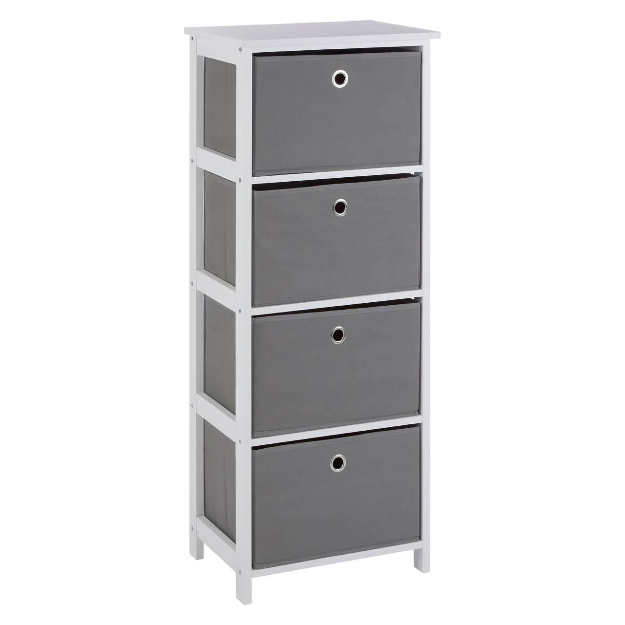 Tall cabinet with four grey fabric drawers, each featuring a round handle, set on a white frame. The cabinet has a flat top surface and is designed for storage, suitable for various home decor styles