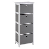 Tall cabinet with four grey fabric drawers, each featuring a round handle, set on a white frame. The cabinet has a flat top surface and is designed for storage, suitable for various home decor styles