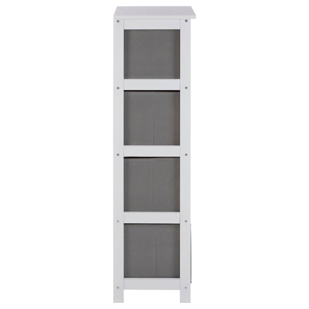 Tall cabinet with a light grey wooden frame and four fabric drawers in a darker grey color, featuring a simple and modern design suitable for home organization