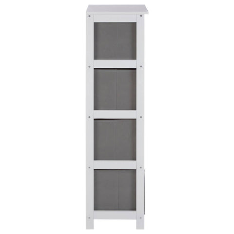 Tall cabinet with a light grey wooden frame and four fabric drawers in a darker grey color, featuring a simple and modern design suitable for home organization