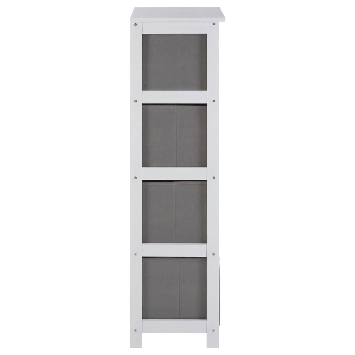 Tall cabinet with a light grey wooden frame and four fabric drawers in a darker grey color, featuring a simple and modern design suitable for home organization