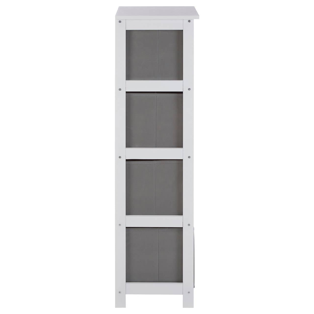 Tall cabinet with a light grey wooden frame and four fabric drawers in a darker grey color, featuring a simple and modern design suitable for home organization