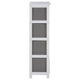 Tall cabinet with a light grey wooden frame and four fabric drawers in a darker grey color, featuring a simple and modern design suitable for home organization