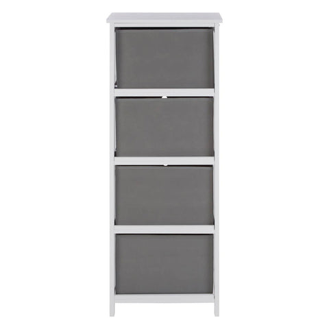 Tall cabinet with four grey fabric drawers, framed in a white structure. Each drawer features a simple handle for easy access, and the overall design is modern and minimalist, suitable for home organization