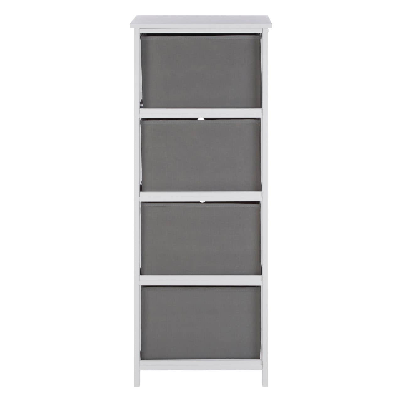 Tall cabinet with four grey fabric drawers, framed in a white structure. Each drawer features a simple handle for easy access, and the overall design is modern and minimalist, suitable for home organization