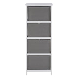 Tall cabinet with four grey fabric drawers, framed in a white structure. Each drawer features a simple handle for easy access, and the overall design is modern and minimalist, suitable for home organization