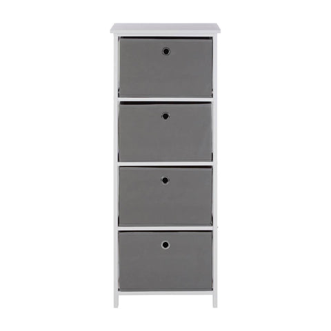 Tall cabinet featuring four grey fabric drawers with simple black knobs, set on a white base. The cabinet has a clean, modern design suitable for home organization