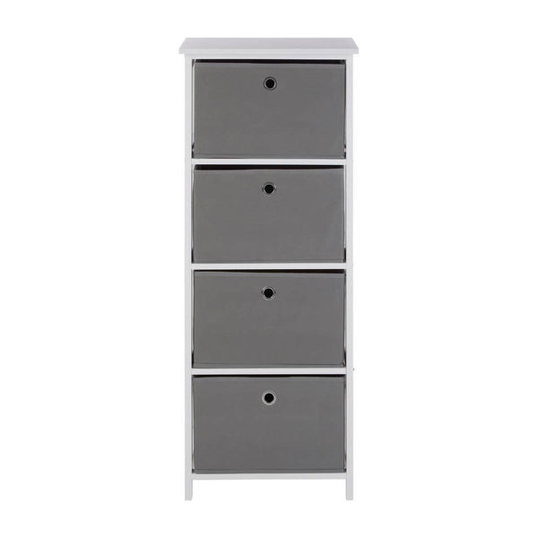 Tall cabinet featuring four grey fabric drawers with simple black knobs, set on a white base. The cabinet has a clean, modern design suitable for home organization