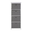 Tall cabinet featuring four grey fabric drawers with simple black knobs, set on a white base. The cabinet has a clean, modern design suitable for home organization