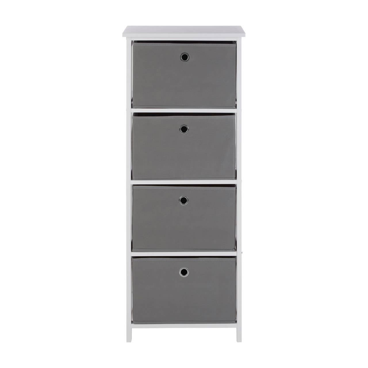Tall cabinet featuring four grey fabric drawers with simple black knobs, set on a white base. The cabinet has a clean, modern design suitable for home organization
