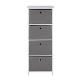 Tall cabinet featuring four grey fabric drawers with simple black knobs, set on a white base. The cabinet has a clean, modern design suitable for home organization