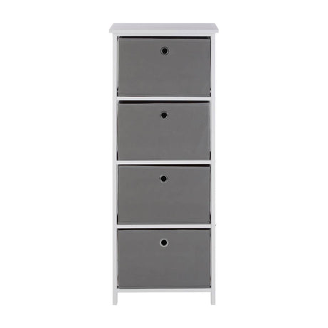 Tall cabinet featuring four grey fabric drawers with simple black knobs, set on a white base. The cabinet has a clean, modern design suitable for home organization