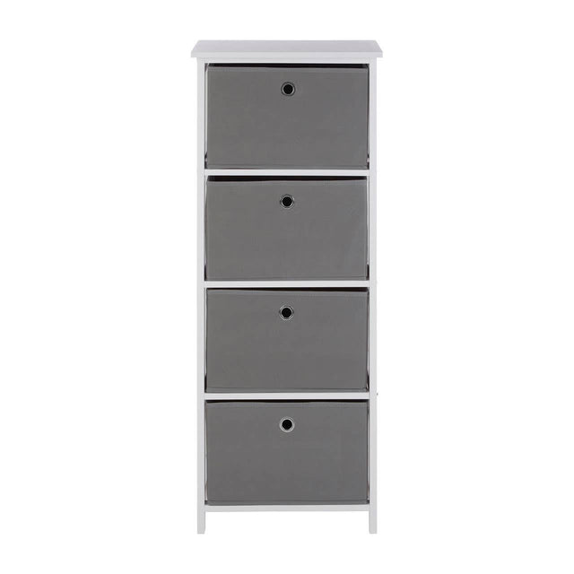 Tall cabinet featuring four grey fabric drawers with simple black knobs, set on a white base. The cabinet has a clean, modern design suitable for home organization