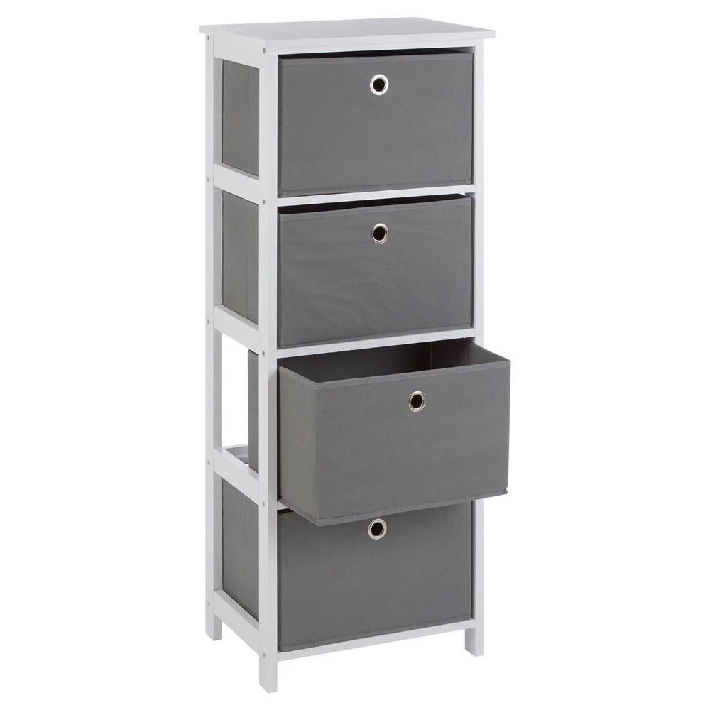 Tall cabinet with four grey fabric drawers, featuring a sleek white frame. The drawers are arranged in a vertical stack, with the top three drawers having circular silver handles and the bottom drawer being slightly larger. The cabinet has an open design on the sides, allowing for visibility of the drawer contents