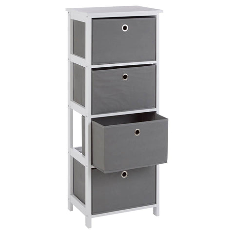 Tall cabinet with four grey fabric drawers, featuring a sleek white frame. The drawers are arranged in a vertical stack, with the top three drawers having circular silver handles and the bottom drawer being slightly larger. The cabinet has an open design on the sides, allowing for visibility of the drawer contents