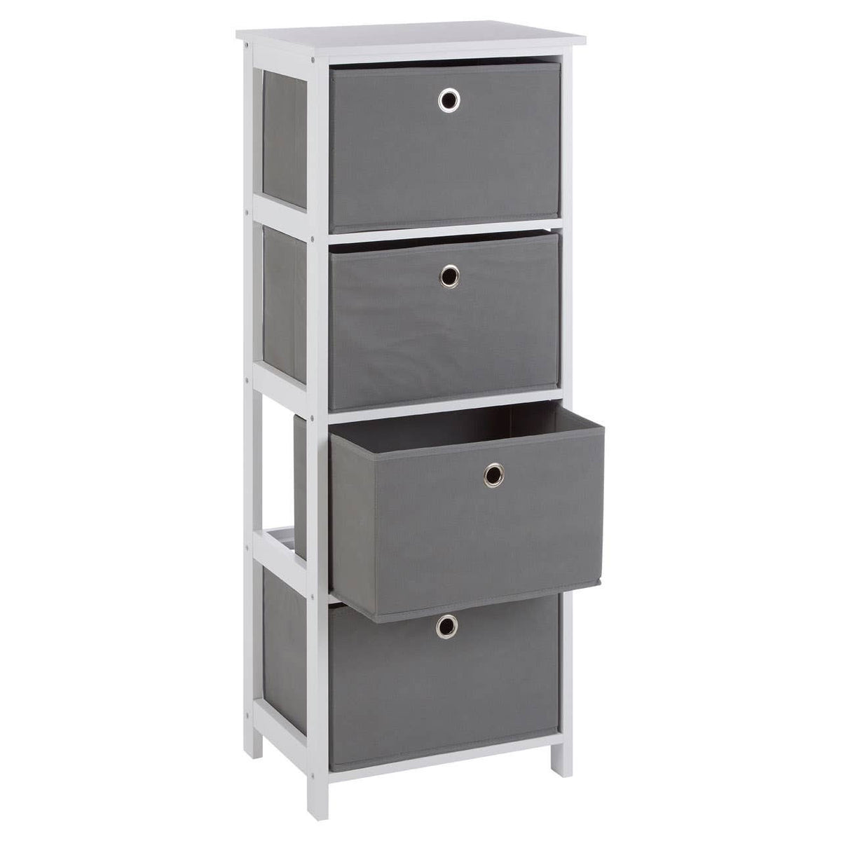 Tall cabinet with four grey fabric drawers, featuring a sleek white frame. The drawers are arranged in a vertical stack, with the top three drawers having circular silver handles and the bottom drawer being slightly larger. The cabinet has an open design on the sides, allowing for visibility of the drawer contents