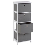 Tall cabinet with four grey fabric drawers, featuring a sleek white frame. The drawers are arranged in a vertical stack, with the top three drawers having circular silver handles and the bottom drawer being slightly larger. The cabinet has an open design on the sides, allowing for visibility of the drawer contents