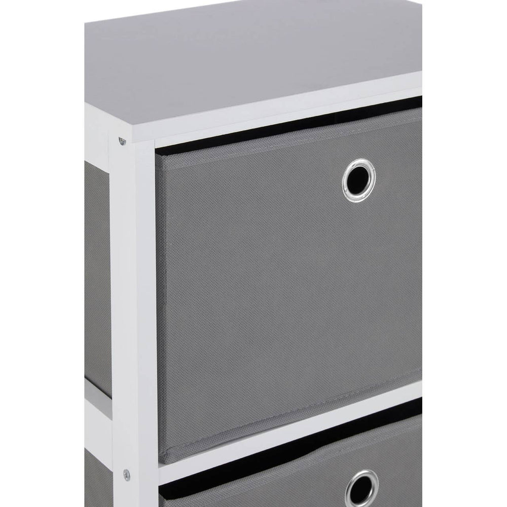 A modern cabinet featuring four grey fabric drawers with circular handles, set against a sleek white frame. The cabinet has a minimalist design, suitable for home organization and storage