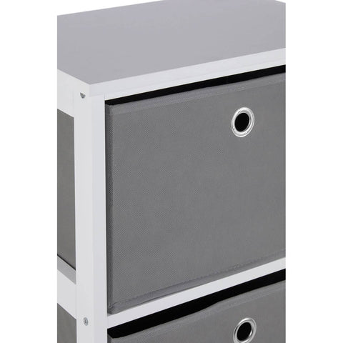 A modern cabinet featuring four grey fabric drawers with circular handles, set against a sleek white frame. The cabinet has a minimalist design, suitable for home organization and storage