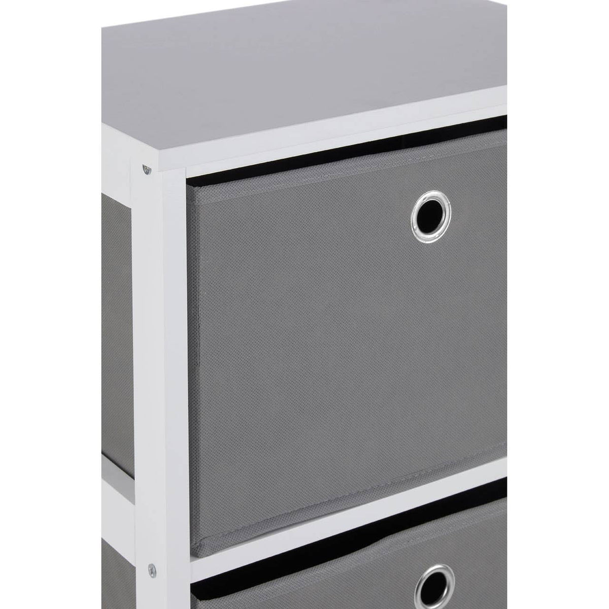 A modern cabinet featuring four grey fabric drawers with circular handles, set against a sleek white frame. The cabinet has a minimalist design, suitable for home organization and storage