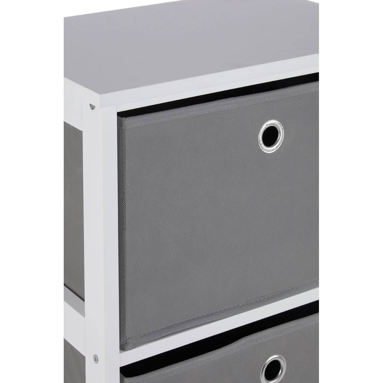 A modern cabinet featuring four grey fabric drawers with circular handles, set against a sleek white frame. The cabinet has a minimalist design, suitable for home organization and storage