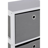 A modern cabinet featuring four grey fabric drawers with circular handles, set against a sleek white frame. The cabinet has a minimalist design, suitable for home organization and storage