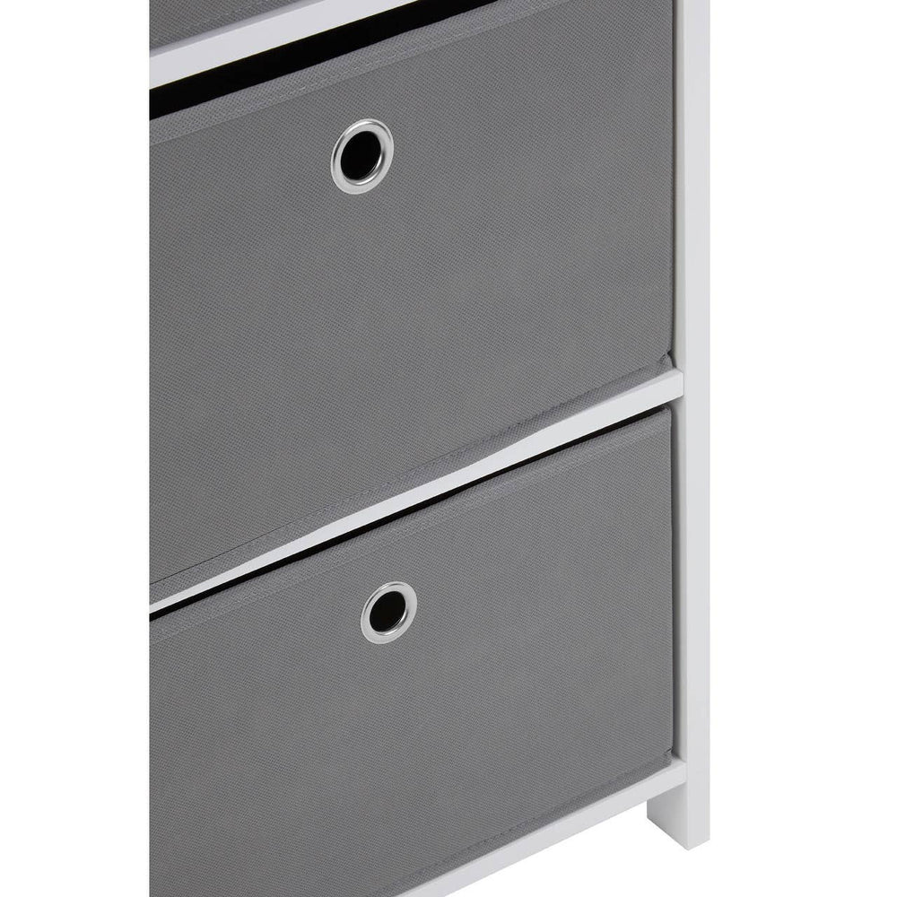 Four grey fabric drawers with circular cut-out handles, set within a sleek white frame, showcasing a modern and minimalist design