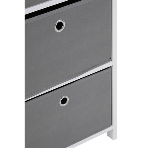 Four grey fabric drawers with circular cut-out handles, set within a sleek white frame, showcasing a modern and minimalist design
