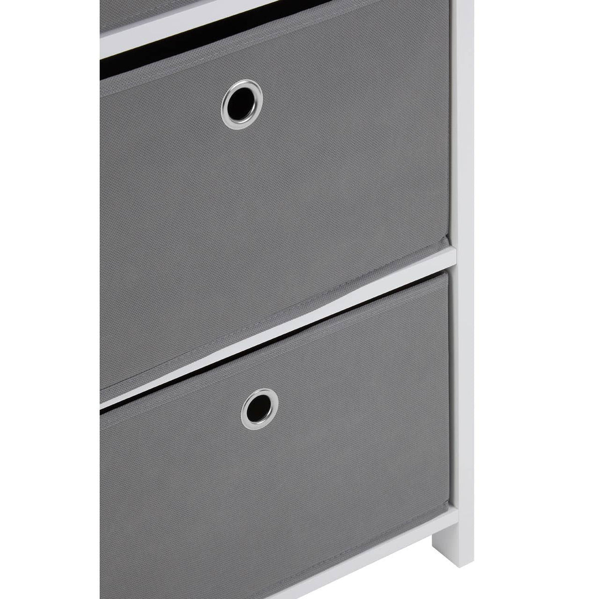 Four grey fabric drawers with circular cut-out handles, set within a sleek white frame, showcasing a modern and minimalist design
