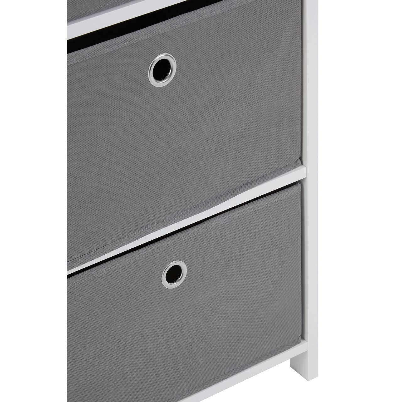 Four grey fabric drawers with circular cut-out handles, set within a sleek white frame, showcasing a modern and minimalist design