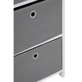 Four grey fabric drawers with circular cut-out handles, set within a sleek white frame, showcasing a modern and minimalist design