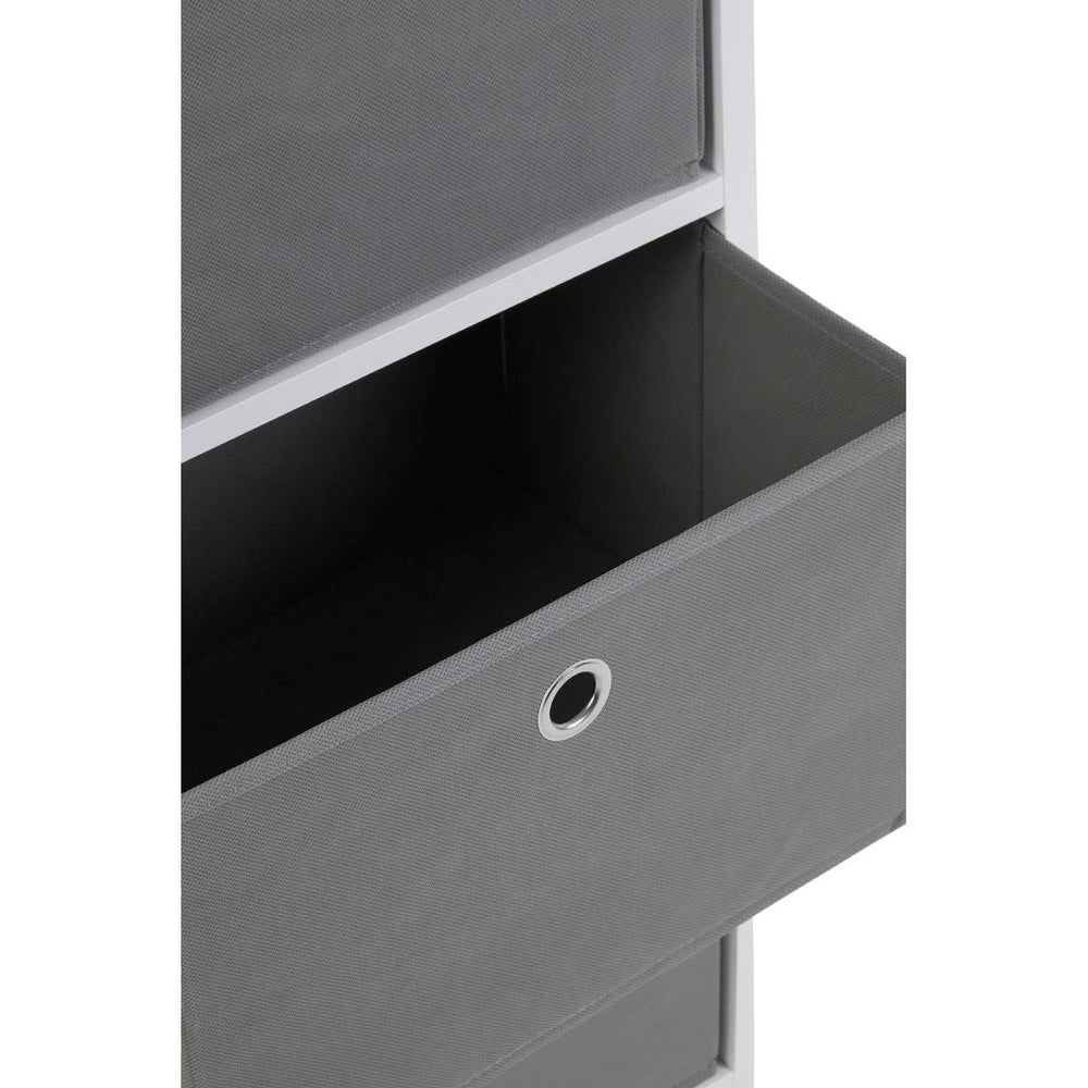 Grey fabric drawer of the Lindo 4 Grey Fabric Drawers Cabinet, featuring a sleek design with a circular handle and a minimalist aesthetic. The drawer is partially open, revealing a smooth black interior
