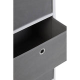 Grey fabric drawer of the Lindo 4 Grey Fabric Drawers Cabinet, featuring a sleek design with a circular handle and a minimalist aesthetic. The drawer is partially open, revealing a smooth black interior