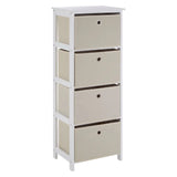Tall white storage unit with four beige fabric drawers and open sides