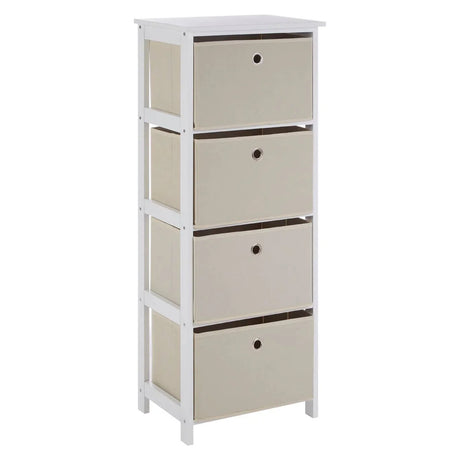 Tall white storage unit with four beige fabric drawers and open sides