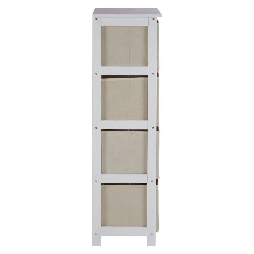Side view of white wooden storage unit with three beige fabric drawers