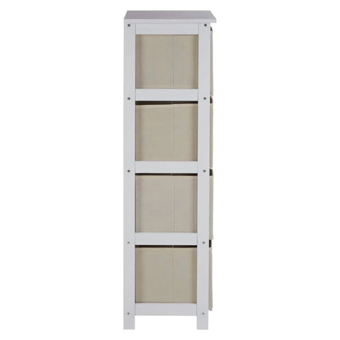 Side view of white wooden storage unit with three beige fabric drawers