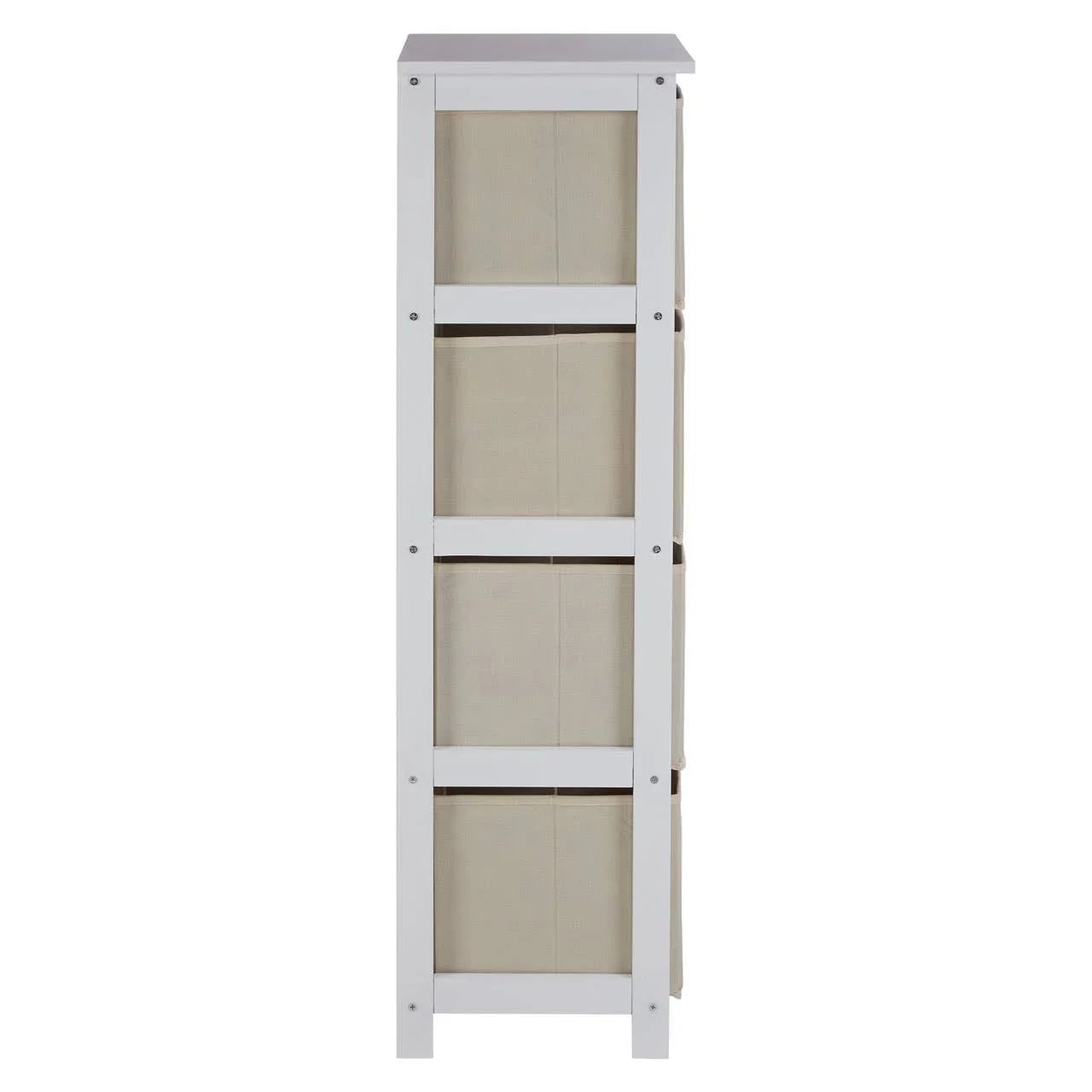 Side view of white wooden storage unit with three beige fabric drawers