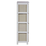 Side view of white wooden storage unit with three beige fabric drawers