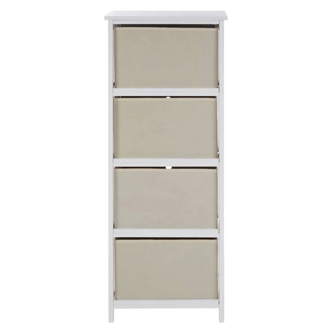 White wooden storage unit with four beige fabric drawers, front view