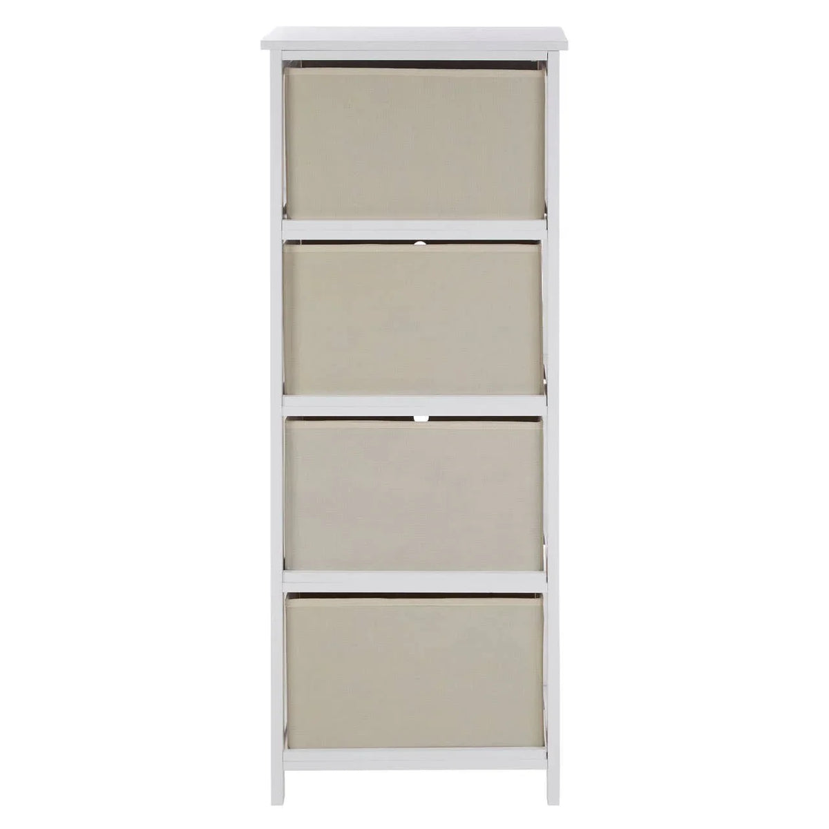White wooden storage unit with four beige fabric drawers, front view