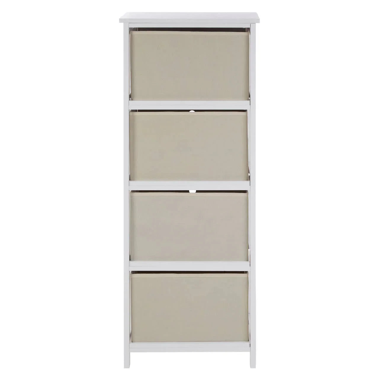 White wooden storage unit with four beige fabric drawers, front view