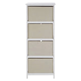 White wooden storage unit with four beige fabric drawers, front view