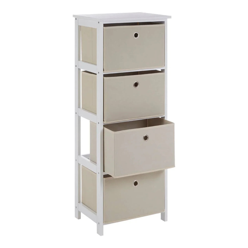 Tall white storage unit with four beige fabric drawers, one drawer partially open