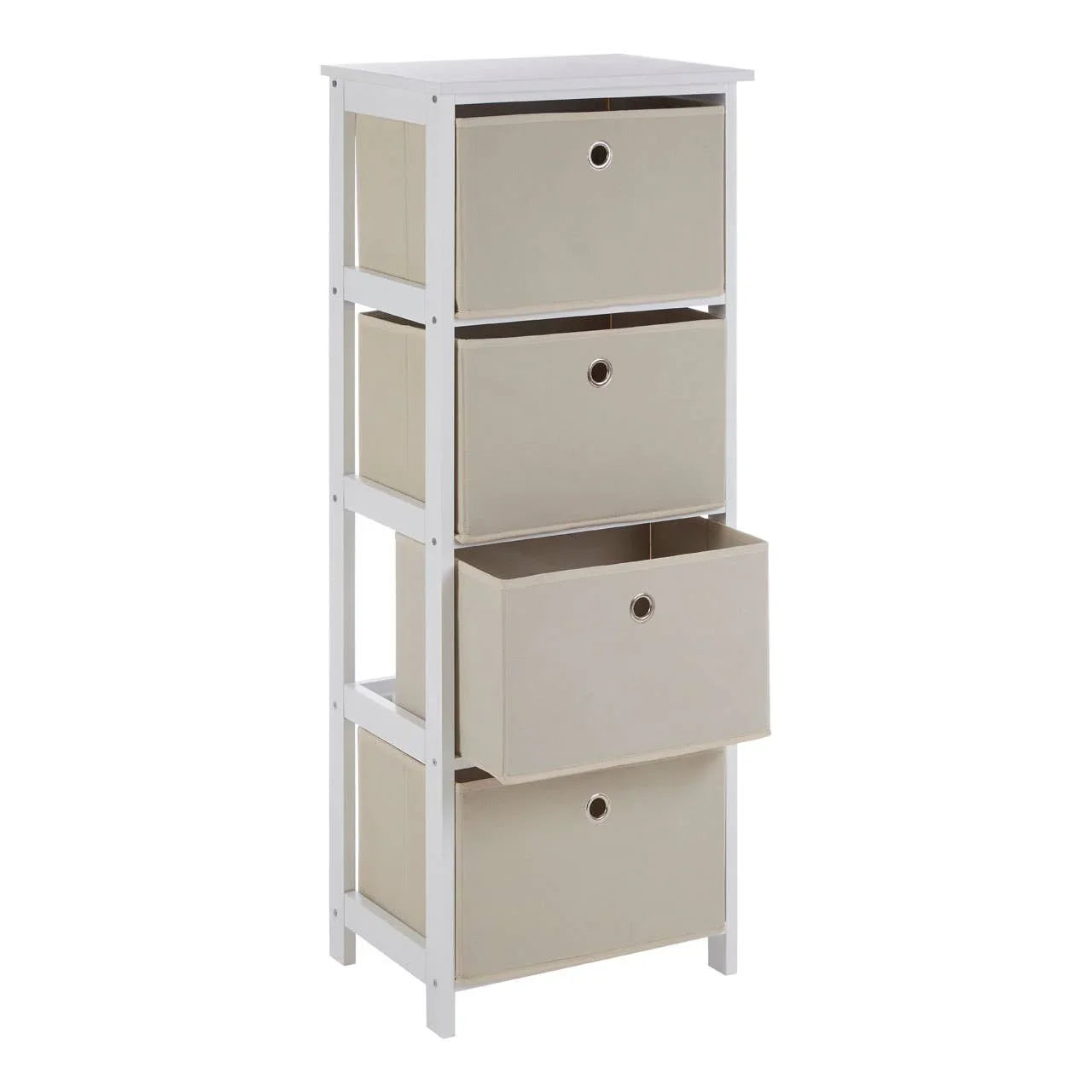 Tall white storage unit with four beige fabric drawers, one drawer partially open