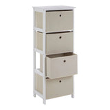 Tall white storage unit with four beige fabric drawers, one drawer partially open